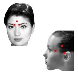 Points in the head from a headache, on the face and on the temples